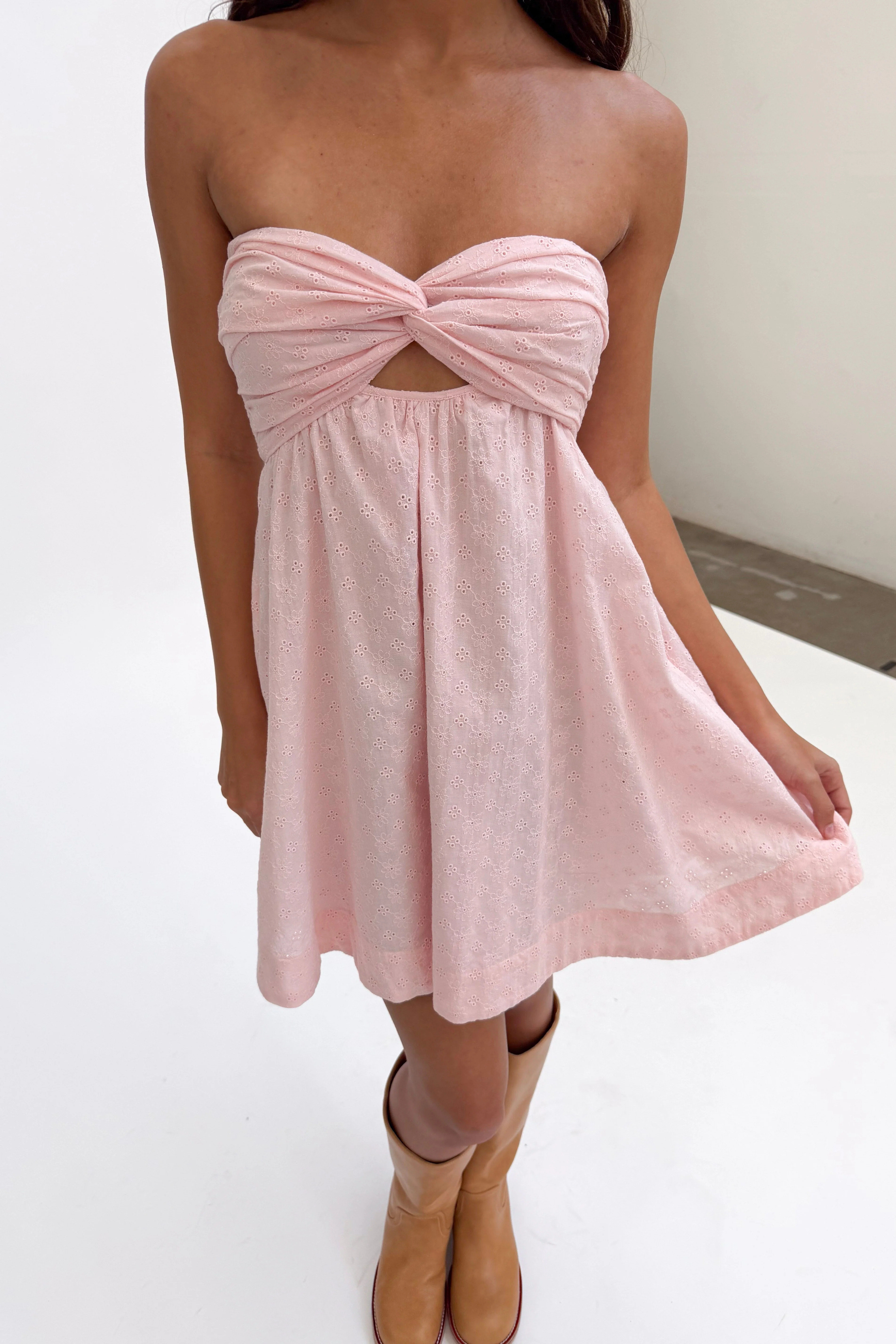Eyelet Twist Front Mini Dress